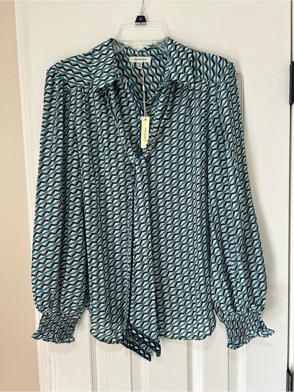 Max Studio Teal, Navy and White Geometric Tie-Neck Button-Down Blouse Top - NWT